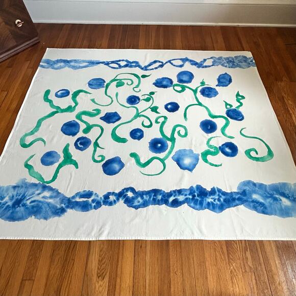 Hand Dyed Cotton Tablecloth on White Background – Blue & Green Tie Dye Design - Picture 1 of 13